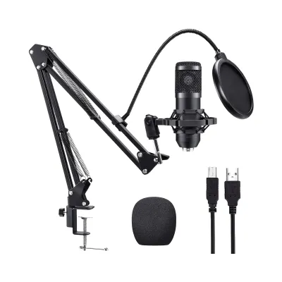 Microphone studio professionnel avec bras articulé, antichoc métallique, filtre anti-pop et câble USB