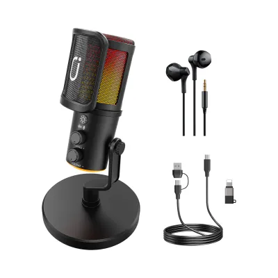 Microphone FanFun USB XLR pour podcast et streaming avec éclairage RGB, bouton muet et jack casque