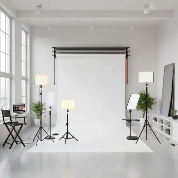 LED Video Light avec trépied professionnel et télécommande dans un studio photo moderne et lumineux