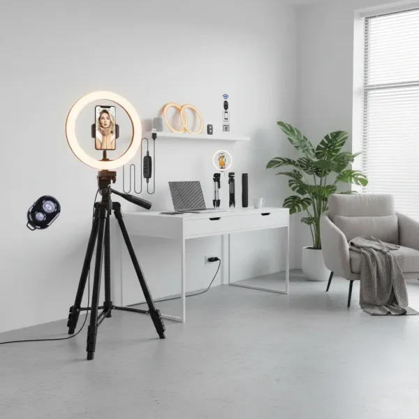Ring Light photo avec trépied noir et télécommande installée dans un bureau moderne et lumineux