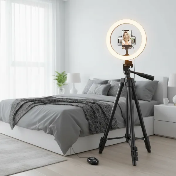 Ring light photo avec trépied et télécommande installé dans une chambre moderne avec un téléphone fixé au centre de la lumière
