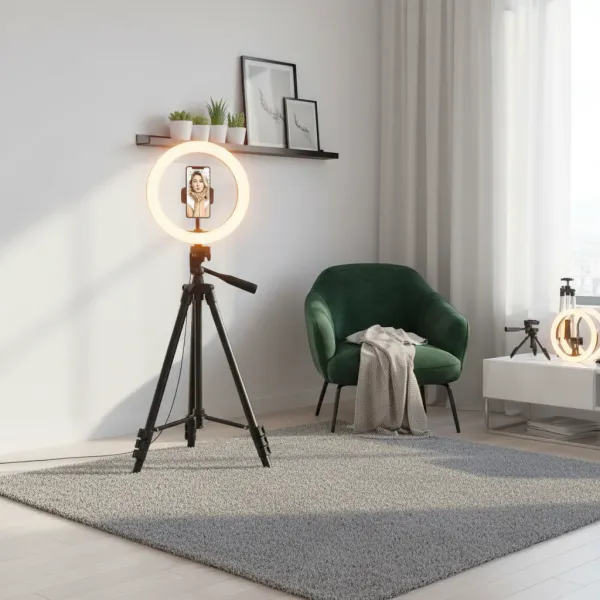 Ring light photo avec trépied noir et télécommande, éclairage circulaire chaud, dans un salon moderne avec fauteuil vert
