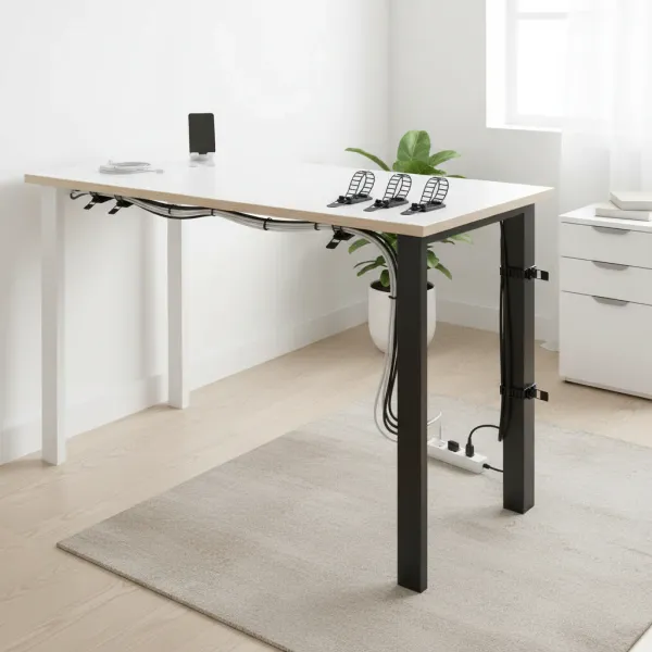 Clip adhésif de gestion de câbles Untoom pour organisation efficace et ajustable Clip adhésif de gestion de câbles Untoom fixé sous un bureau blanc avec câbles organisés