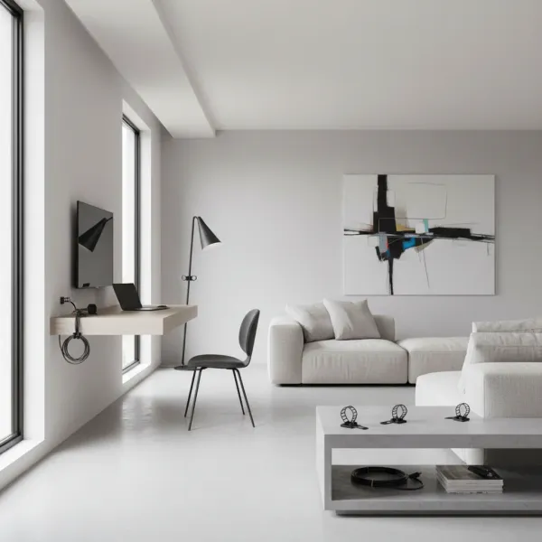 Clip adhésif de gestion de câbles Untoom - Organisateur ajustable pour câbles ordonnés Clip adhésif de gestion de câbles Untoom installé dans un salon moderne avec canapé clair et bureau suspendu