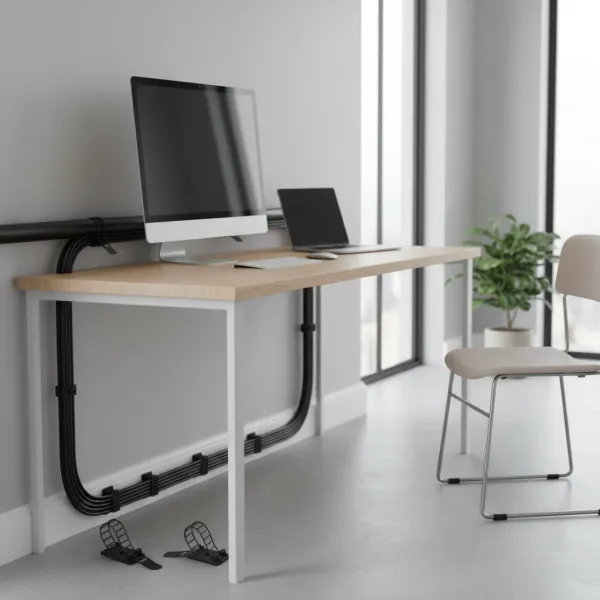 Clip adhésif de gestion de câbles Untoom - Organisateur ajustable pour bureau Clip adhésif de gestion de câbles Untoom organisant proprement les câbles sous un bureau moderne