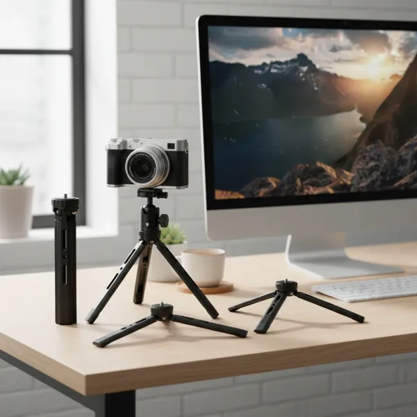 Mini trépied aluminium ERIKOLE - trépied de table pour caméra compact et stable Mini trépied aluminium ERIKOLE pour caméra posé sur une table à côté d'un ordinateur