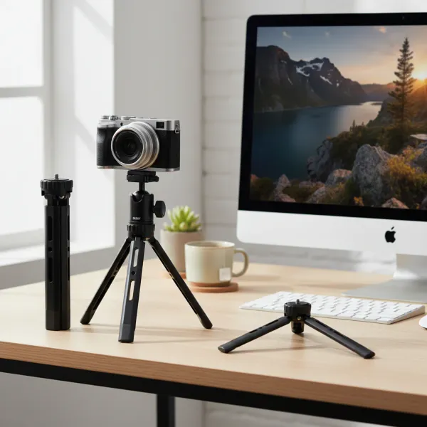 Mini trépied aluminium ERIKOLE - Trépied de table pour caméra compact et stable Mini trépied aluminium ERIKOLE pour caméra posé sur une table avec appareil photo et accessoires