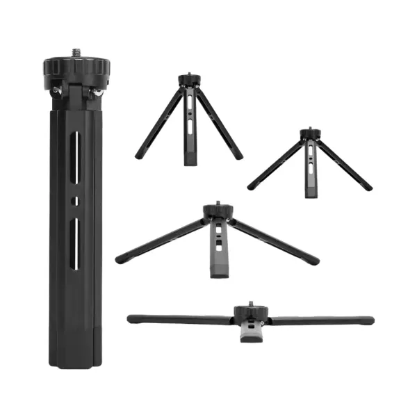 Mini trépied aluminium ERIKOLE - Trépied de table compact pour caméra, vue déployée Mini trépied aluminium ERIKOLE déployé en différentes positions pour caméra