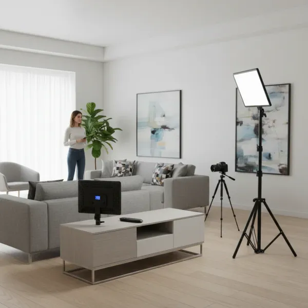 Panneau LED Vidéo 10/14'' Bi-Color 3000K-6000K - SZKOSTON pour éclairage professionnel Panneau LED vidéo bi-color 10/14 pouces réglable de 3000K à 6000K sur trépied avec caméra dans un salon moderne