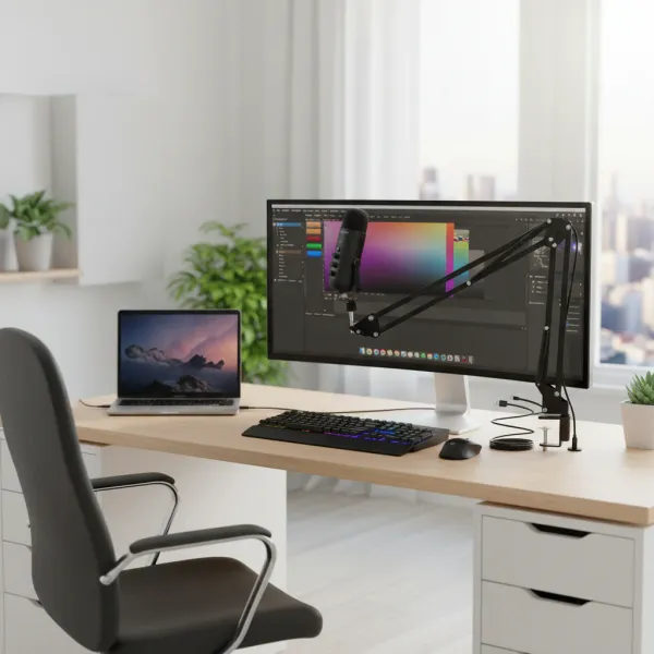 Haomuren Professional USB streaming podcast microphone cardioid avec bras articulé installé sur un bureau moderne avec ordinateur