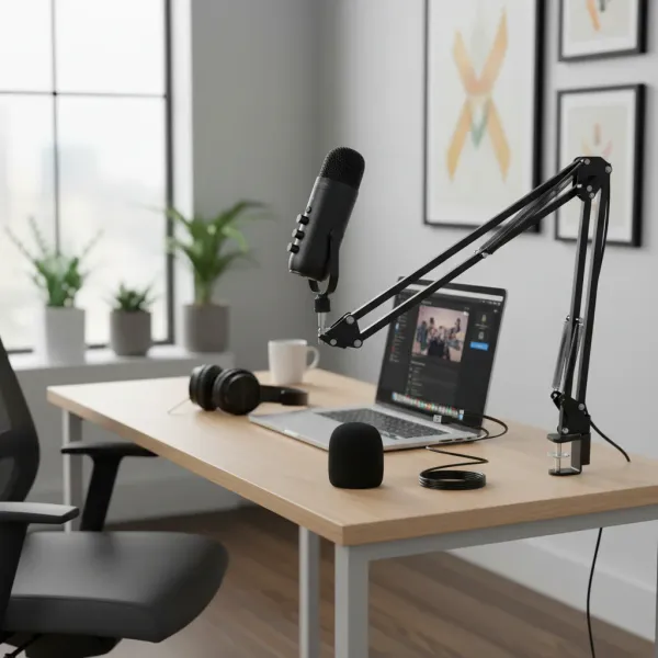 Microphone Haomuren Professional USB streaming avec bras articulé sur un bureau