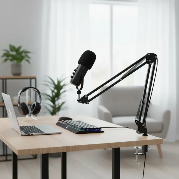 Microphone USB Haomuren Professional avec bras articulé installé sur un bureau moderne pour streaming et podcast
