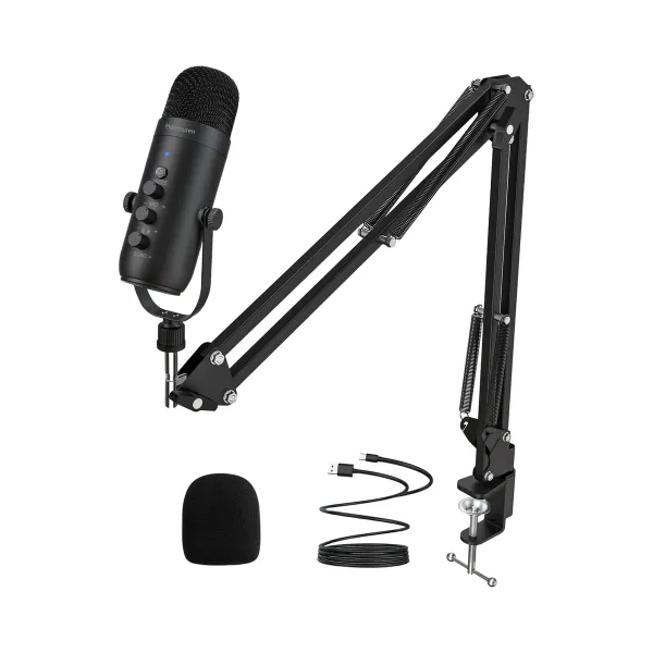 Microphone USB Haomuren professionnel pour streaming et podcast avec bras articulé, câble USB et bonnette anti-vent