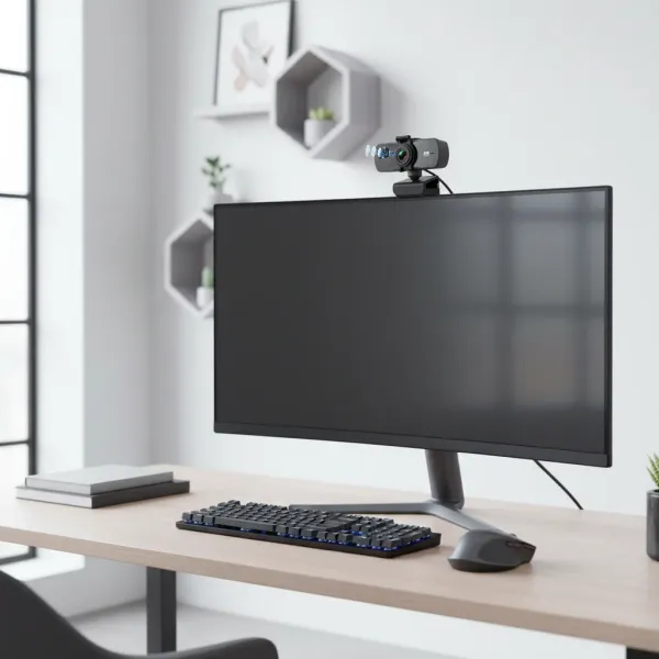 Webcam 2K Autofocus avec microphone USB eMastiff fixée sur un écran d'ordinateur