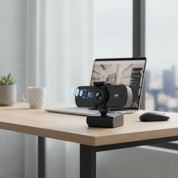 Webcam 2K autofocus avec microphone USB eMastiff sur bureau devant un ordinateur portable