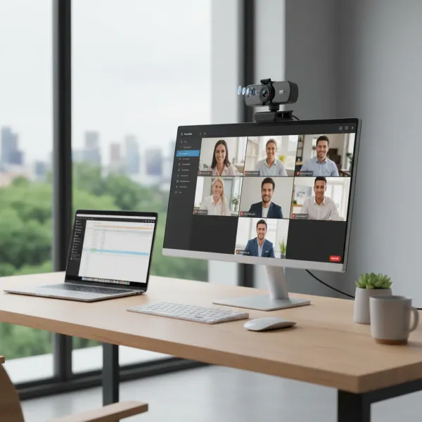 Webcam 2K Autofocus avec Microphone USB eMastiff installée sur un écran d'ordinateur lors d'une visioconférence