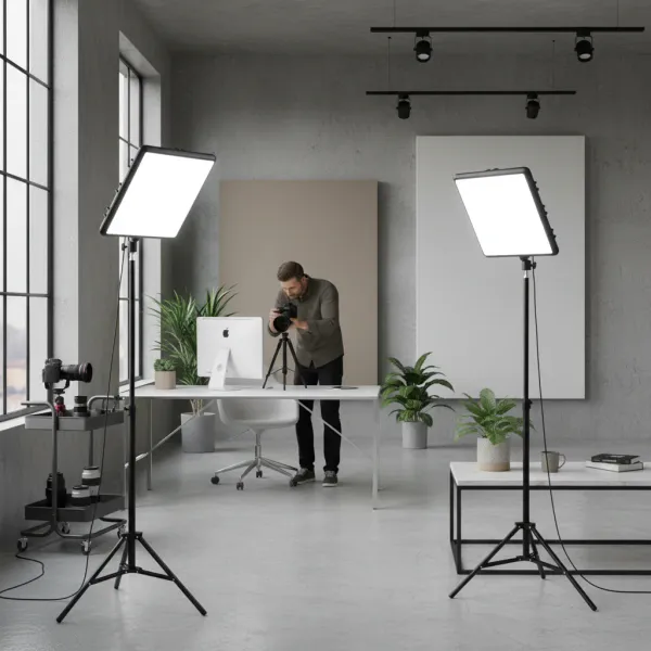 High Power 160 LED Video Panel éclairant un studio photo moderne avec un photographe et un équipement de prise de vue