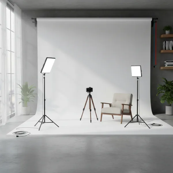 High Power 160 LED Video Panel VRIG setup in studio with camera and chair