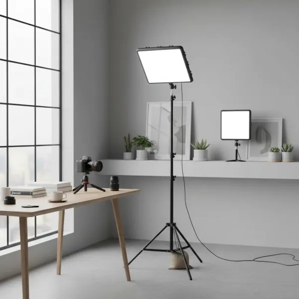 High Power 160 LED Video Panel 2800K-7000K VRIG en configuration studio avec camera et accessoires