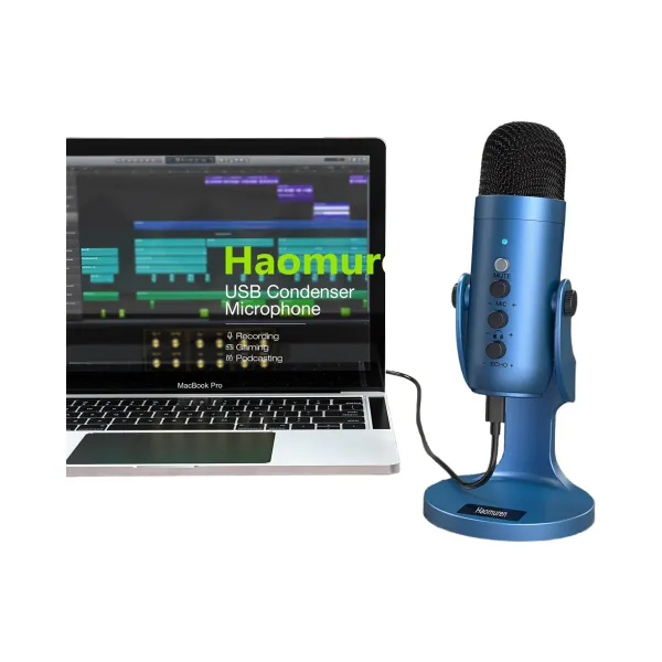 Microphone condensateur USB HAOMUREN bleu avec ordinateur portable pour streaming, podcast et gaming