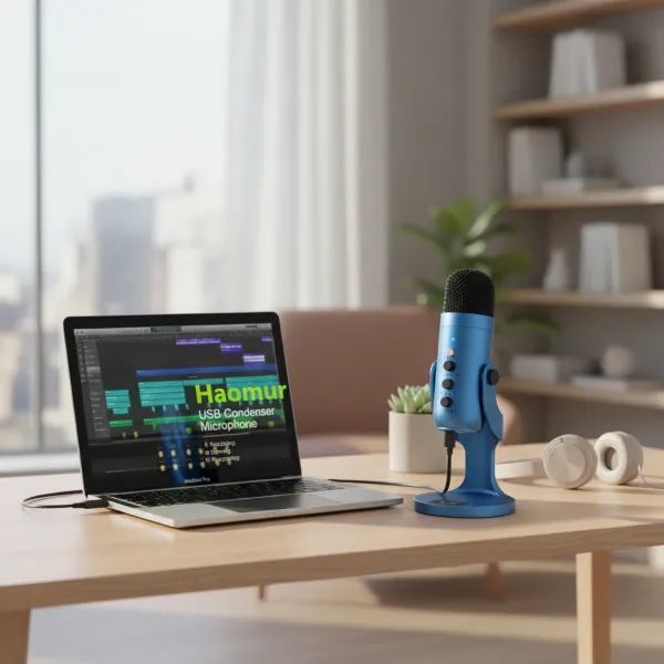 Microphone condensateur USB HAOMUREN bleu pour streaming, podcast et gaming posé sur un bureau avec un ordinateur portable et un casque audio
