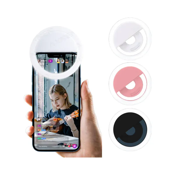 Anneau LED clip USB pour smartphone RK12 en blanc, rose et noir