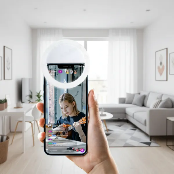 Anneau LED clip USB RK12 fixé en haut d'un smartphone noir tenu à la main affichant une femme jouant de la guitare