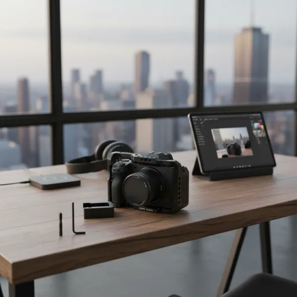 Adaptateur Cold Shoe métal portable avec base fixation Hot Shoe pour LED, monitor et cage caméra posé sur une table en bois avec caméra, casque audio et tablette en arrière-plan