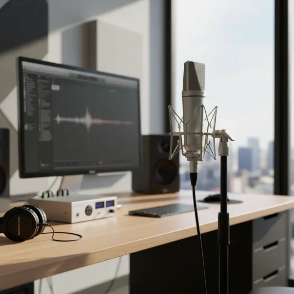 Microphone condensateur VuiGue TLM 1 en métal sur pied dans un studio d'enregistrement moderne
