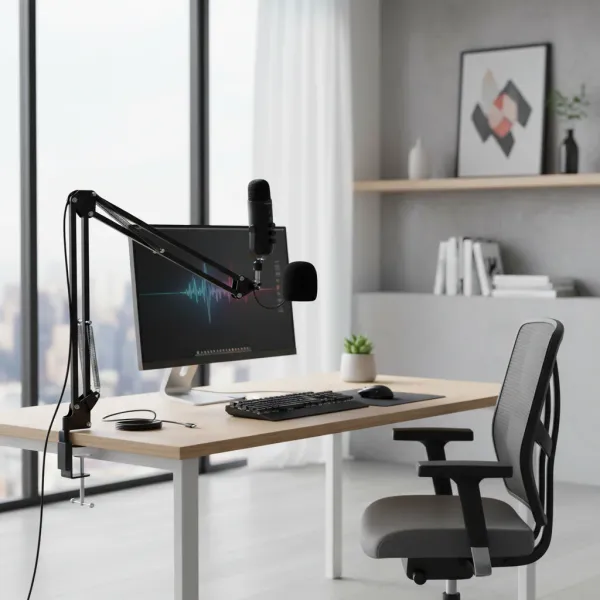Haomuren Kit Microphone Professionnel USB Cardioïde pour Studio et Podcast avec Bras HONArm Microphone professionnel Haomuren à condensateur cardioïde USB monté sur bras articulé installé sur un bureau moderne avec ordinateur pour podcast et studio