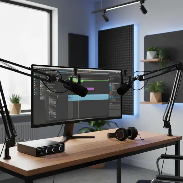 Microphone dynamique FDUCE SL40X monté sur bras articulé dans un studio d'enregistrement avec moniteur et casque