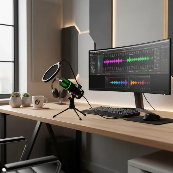 Microphone USB professionnel pour PC, streaming et podcast Microphone à condensateur USB professionnel avec filtre anti-pop sur bureau moderne pour streaming, jeu vidéo et podcast