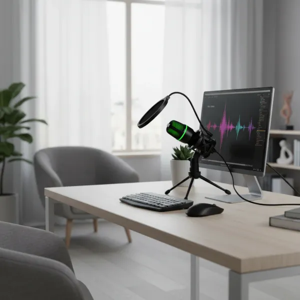 Microphone à condensateur USB professionnel pour streaming, jeux vidéo et podcasts Microphone à condensateur USB professionnel avec filtre anti-pop sur bureau moderne pour streaming et podcasts