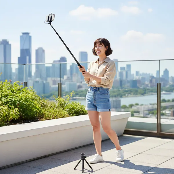 Femme utilisant la perche Andoer Micro 4 Sections en Aluminium avec poignée en mousse pour selfie en extérieur