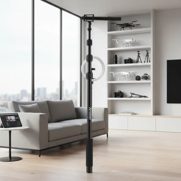 Perche micro 4 sections Andoer en aluminium avec poignée en mousse dans un salon moderne