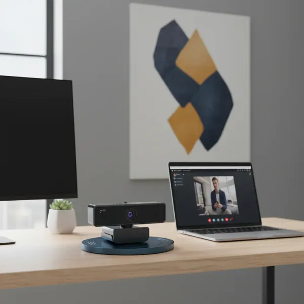 NUROUM V11 Webcam 2K avec Double Microphone - 1080P 60fps / 1440P 30fps Webcam NUROUM V11 2K avec double microphone sur bureau avec ordinateur portable en fond