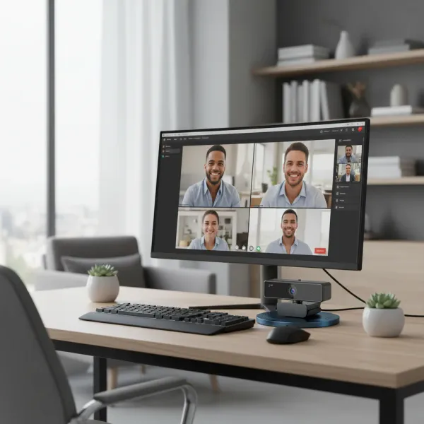 NUROUM V11 Webcam 2K avec Double Microphone - 1080P 60fps / 1440P 30fps, qualité vidéo et audio supérieure pour visioconférence Webcam NUROUM V11 2K avec double microphone installée sur un bureau devant un écran d'ordinateur affichant une visioconférence