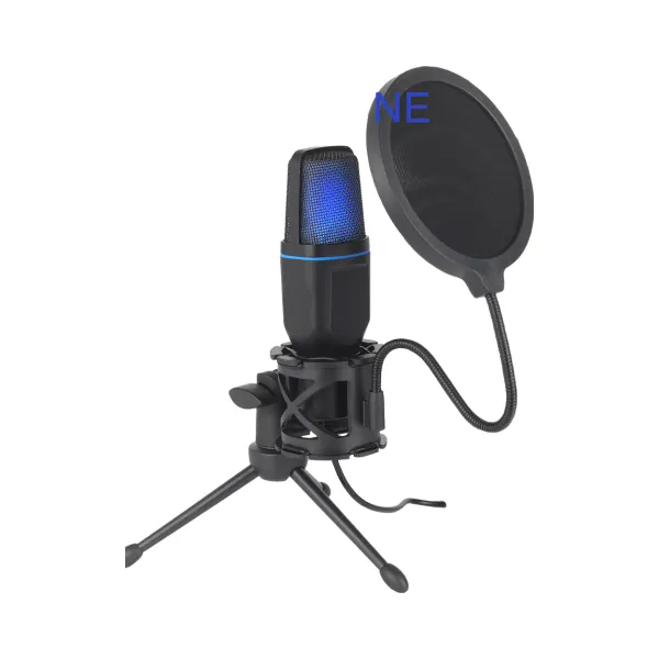 Microphone USB à condensateur RVB pour streaming, podcast et studio Microphone USB à condensateur avec lumière RVB bleu sur trépied, équipé d'un filtre anti-pop noir