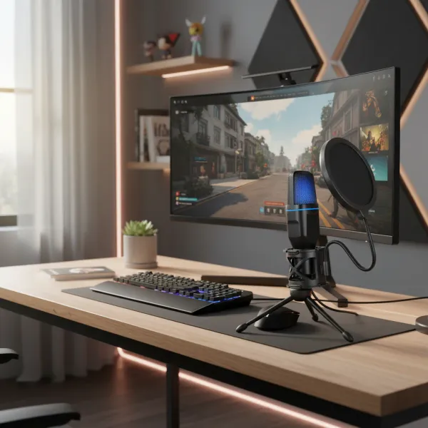 Microphone USB à condensateur RVB pour streaming, podcast, et gaming sur PC Microphone USB à condensateur avec éclairage RVB sur bureau de gaming avec écran d’ordinateur affichant un jeu vidéo