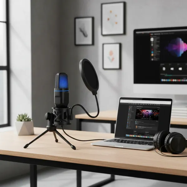 Microphone USB à condensateur RVB pour podcast, jeu et streaming sur ordinateur Microphone USB à condensateur RVB avec support et filtre anti-pop devant un ordinateur portable pour podcast et streaming