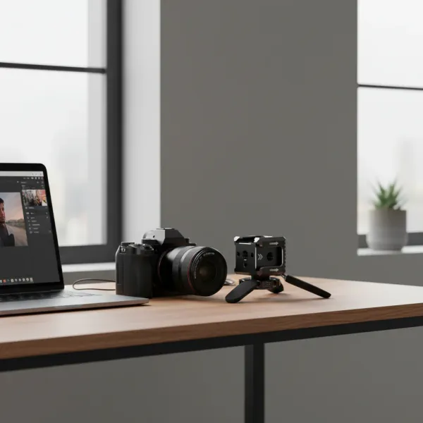Adaptateur triple cold shoe FEICHAO posé sur une table à côté d'un appareil photo DSLR et d'un ordinateur portable