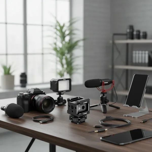 Adaptateur triple cold shoe FEICHAO pour DSLR et cage caméra posé sur une table avec accessoires photo