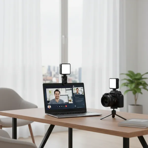 Lampe LED vidéo portable BAODELI bi-color 3300K-5600K montée sur un appareil photo et un ordinateur portable