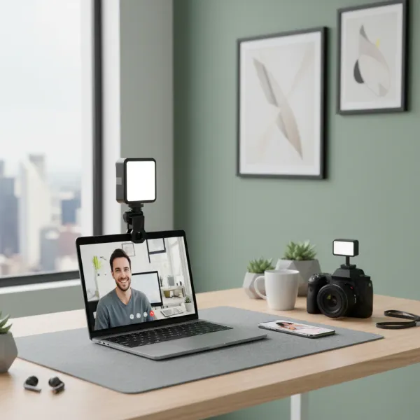 Lampe LED portable bi-color BAODELI 3300K-5600K fixée sur un ordinateur portable et un appareil photo pour éclairage vidéo