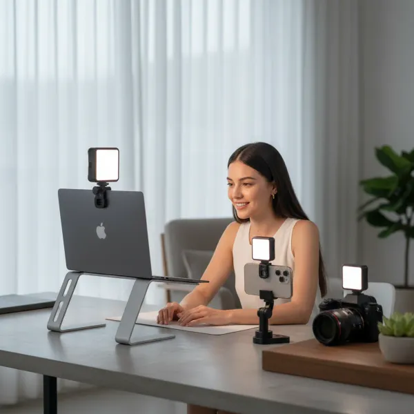 Lampe LED vidéo portable BAODELI bi-color 3300K-5600K montée sur un ordinateur portable, un smartphone et un appareil photo