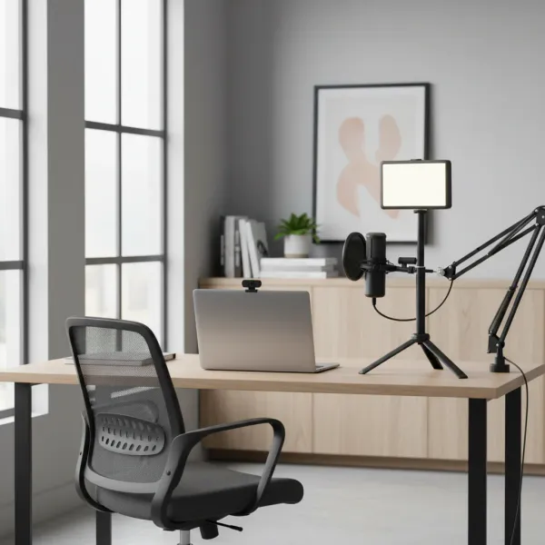 Network Webcam Fill Light Dimmable by NVPONE for Optimal Video Lighting Network Webcam Fill Light Dimmable NVPONE setup on desk with laptop and microphone