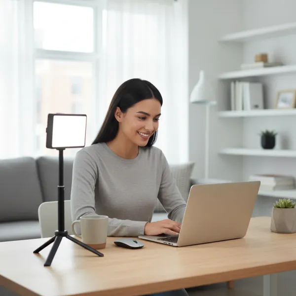 Network Webcam Fill Light Dimmable - NVPONE pour un éclairage optimal lors des visioconférences Femme utilisant un ordinateur portable avec un Network Webcam Fill Light Dimmable NVPONE allumé sur un bureau