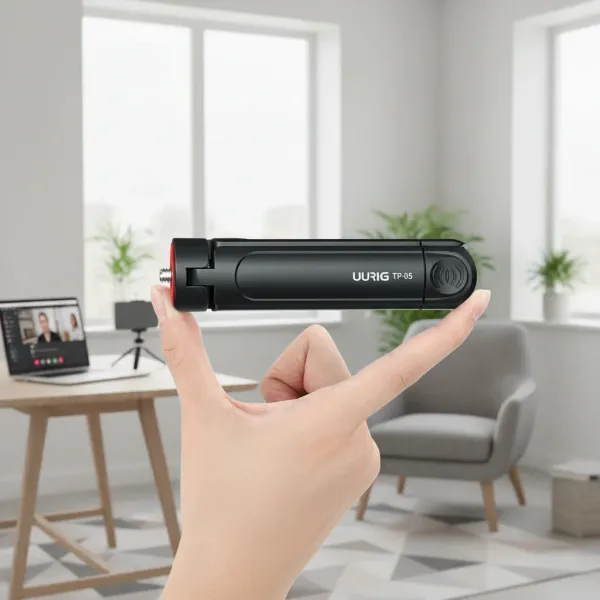 Mini trépied pliable EHANG - Support bureau pour smartphone et appareils légers Mini trépied pliable EHANG noir tenu entre deux doigts en intérieur bureau