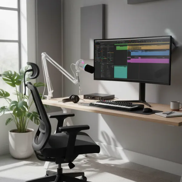 Maono PD200XS microphone dynamique XLR USB dual mode installé sur un bureau avec ordinateur et casque audio