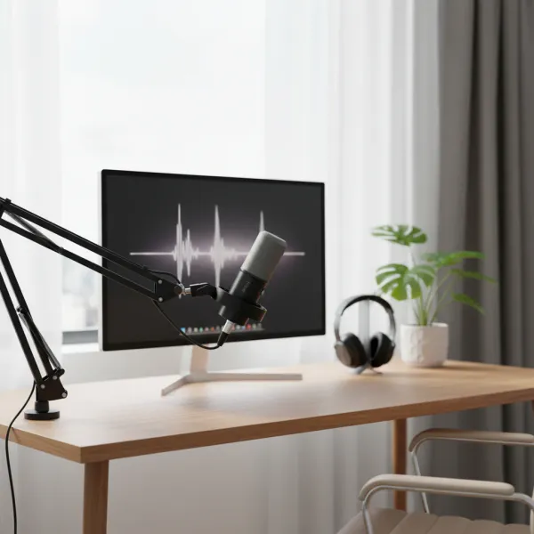 Microphone dynamique FIFINE K688 monté sur un bras articulé devant un écran d'ordinateur affichant une forme d'onde audio dans un bureau moderne
